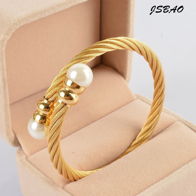 

JSBAO New Fashion Stainless Steel Pearl Womens Bracelet Cuff Bracelet Bangle For Women Jewelry