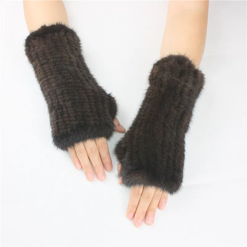 LIYAFUR Women's Real Genuine Knitted Mink Fur Winter Fingerless Gloves Elastic Net Mittens Arm Warmer Black Coffee | Аксессуары для