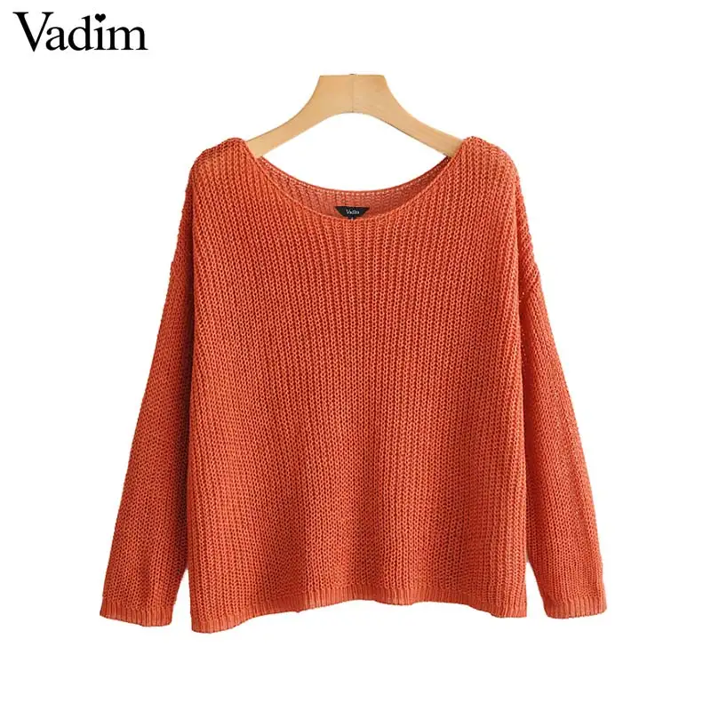 Vadim women solid knitted V neck sweater long sleeve see through loose shirts female casual elegant tops blusas HA391 | Женская одежда
