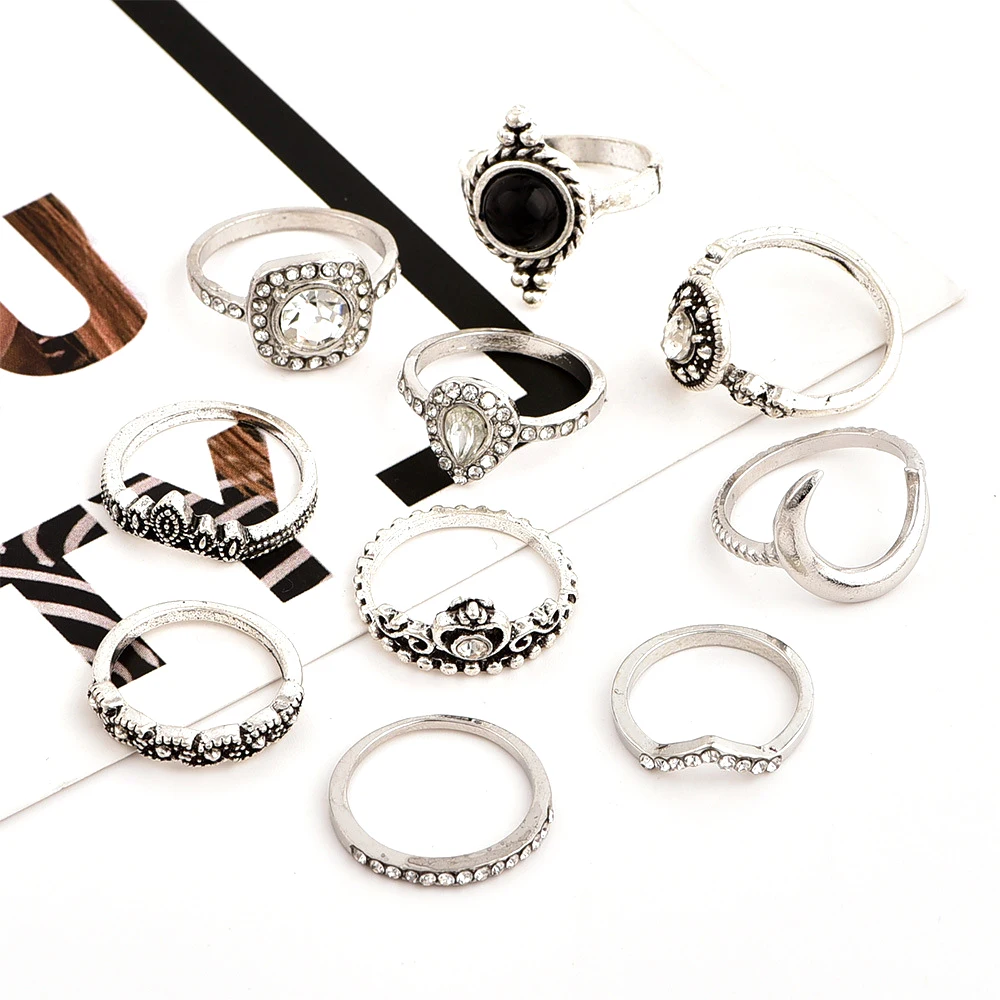 Женский комплект из серебряных колец 10 шт./компл. в стиле ретро с кристаллами