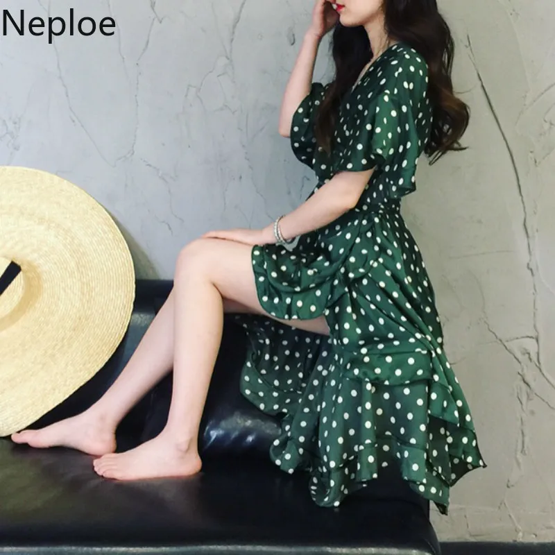Neploe Polka Dot Retro Dress Women Summer 2019 V-Neck Three Quarter Sleeve Robe Irregular Ruffles Female Vestidos 44906 | Женская одежда
