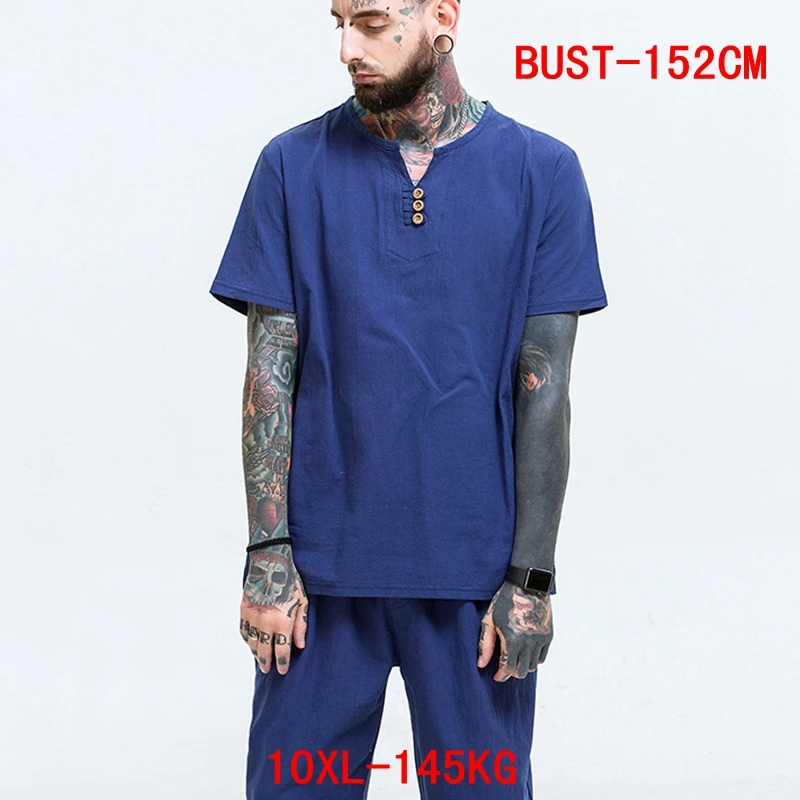 Men's linen large T-shirt cotton size 7XL 8XL 9XL 10XL summer short-sleeved V-neck casual blue | Мужская одежда