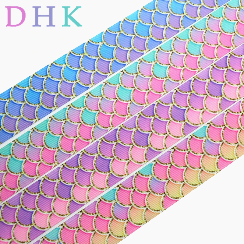 

DHK 1.5'' 50yards Mermaid Fish Scale Printed Grosgrain Ribbon Accessory Material Headwear Decoration DIY Wholesale 38mm S960