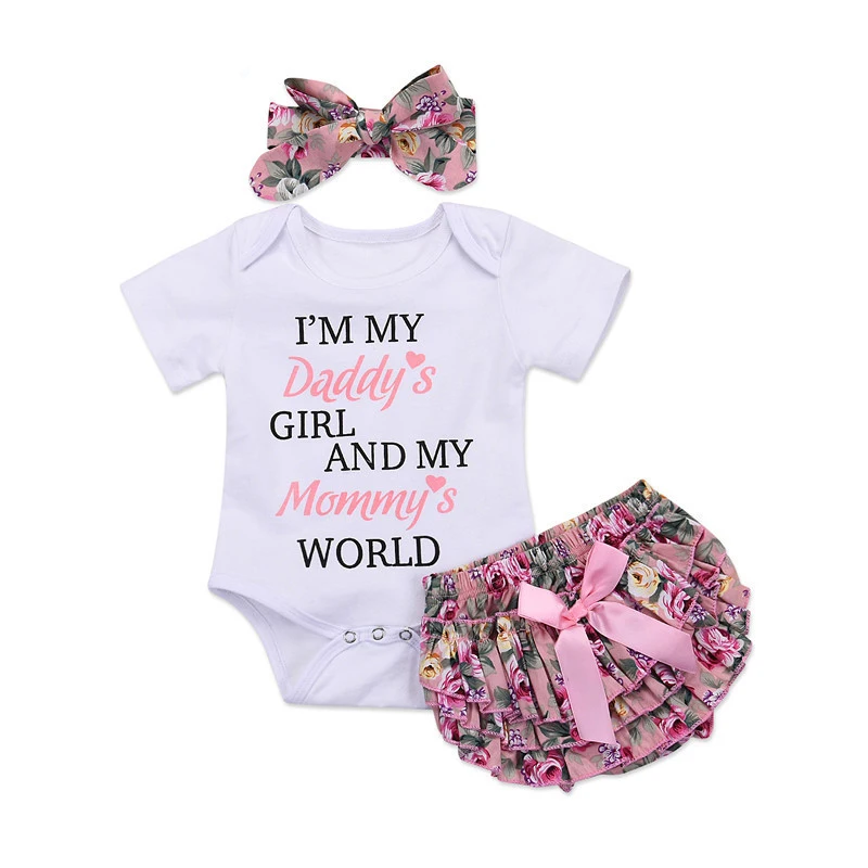 

2pcs/set Baby Daddy Girl Mommy World Short Sleeve Romper Top+Floral Ruffle Layer Romper Dress+Bowknot Headband Clothes Infant