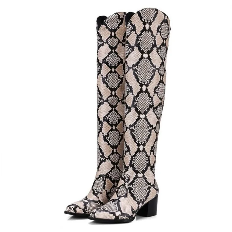 

women knee high boots winter women leopard square heel boot lady chivalry booties slip-on size 34-48