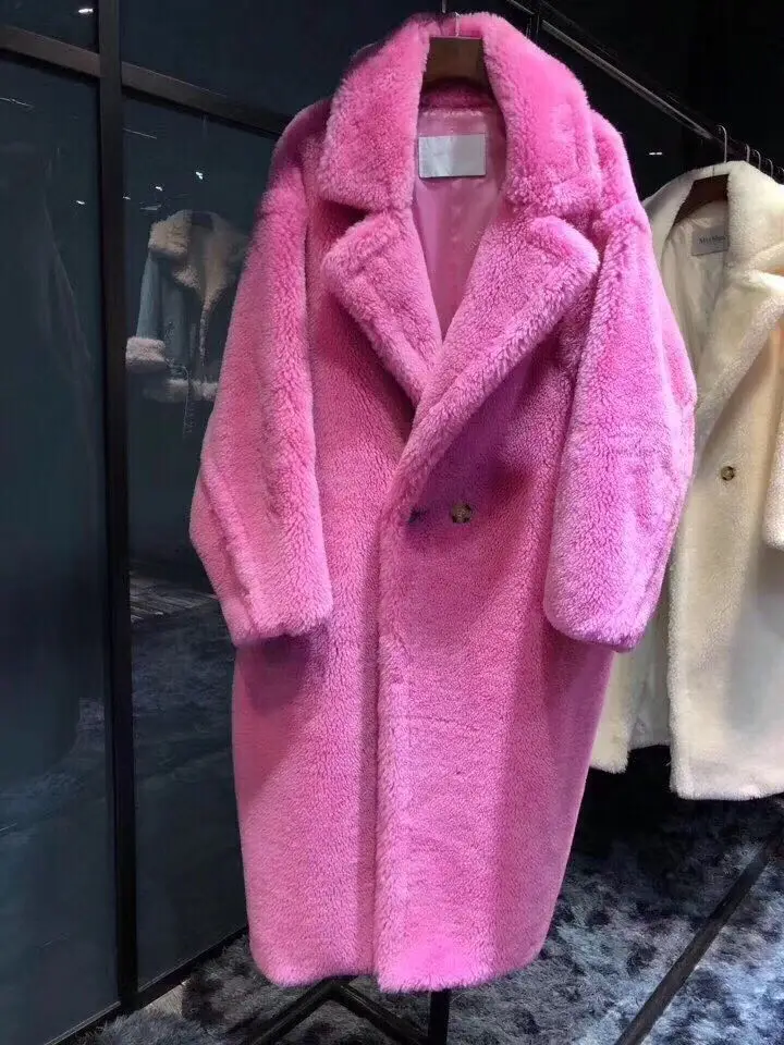 ROSE RED 2 Тедди Стиль Негабаритных Настоящее Шуба из Ягненка Мех Женщин Зима Натуральная Натуральная Шерсть Овечий Мех Длинные Пальто Куртка - Цвет: ROSE RED 2