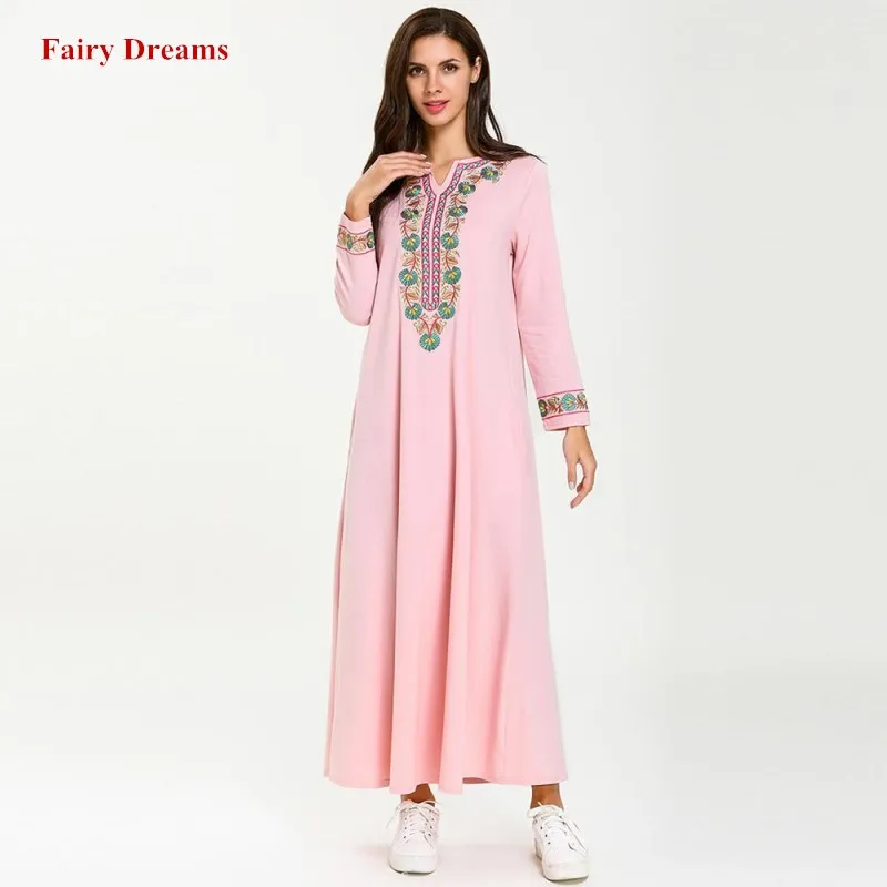 Длинное мусульманское платье женское розовое Абая Турция Дубай Турецкая вышивка