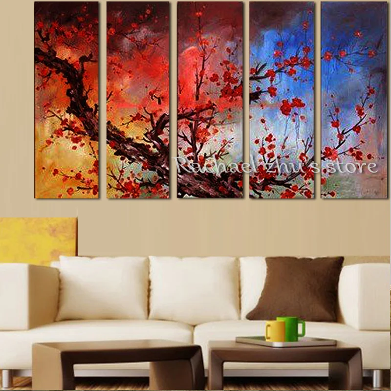 Beste Handgeschilderde 5 Panles Wintersweet Bloem Landschap Olieverfschilderij Landschap Picturer Voor Woonkamer Interieur