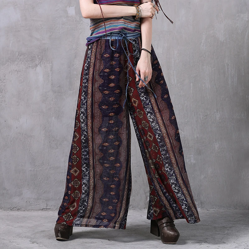 Брюки с широкими штанинами 2017 Yuzi.may Boho новые шифоновые брюки женские цветочным