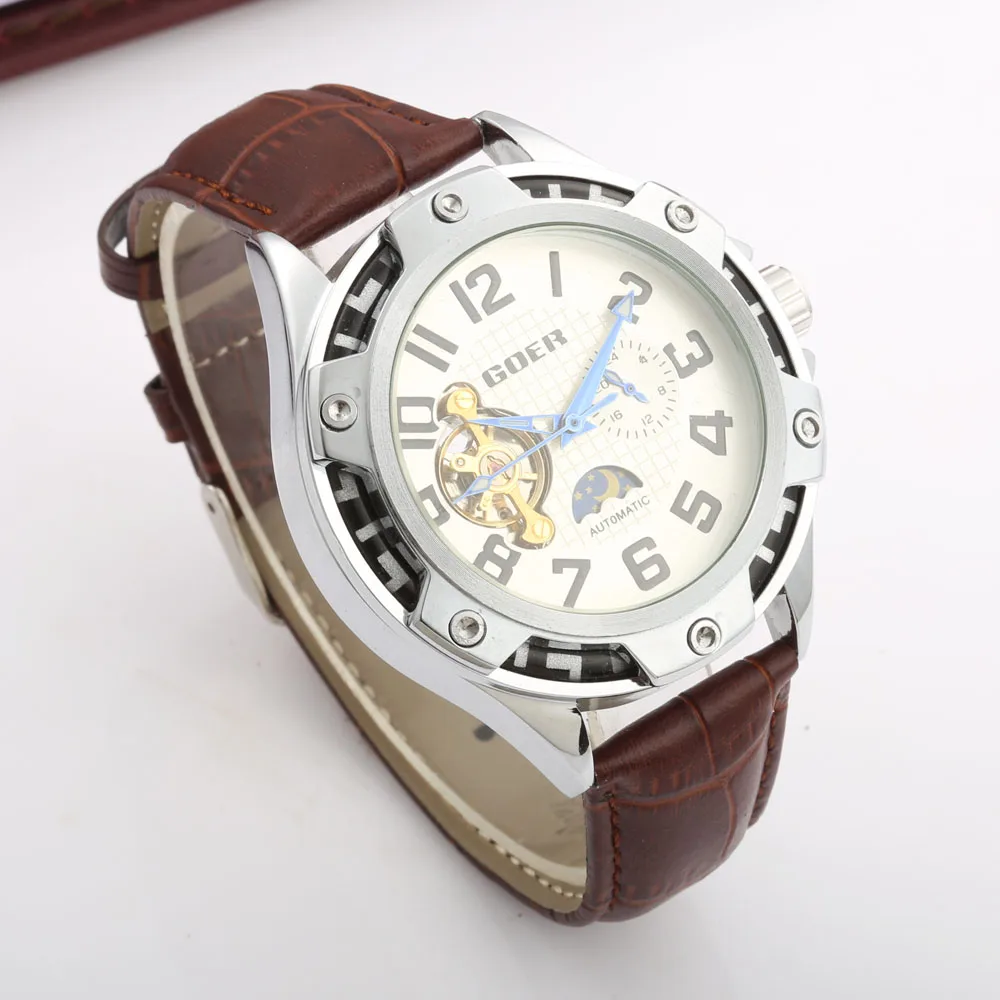 

reloj hombre GOER Mens Watches Top Brand Luxury Sport Leather Strap Waterproof Automatic Mechanical Watch Men Moon Phase Winner