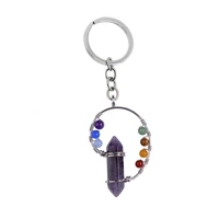 bullet shape natural stone key chain chakra rainbow bead pink quartz keychains crystal hexagonal accessories