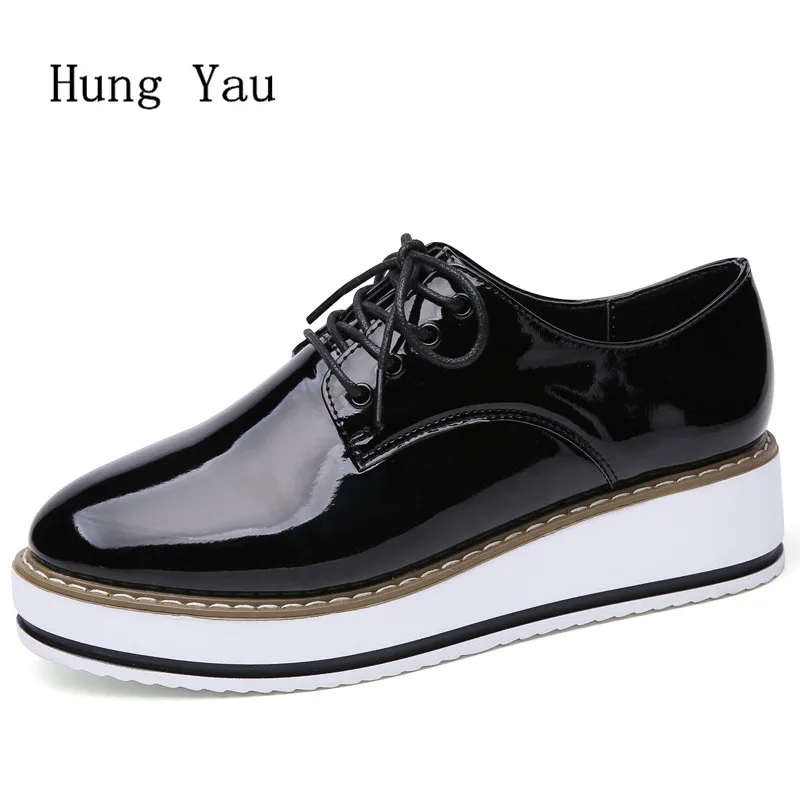 

Women Shoes Casual Oxford Flat Shoes Leather Platform Woman Walking 2018 Spring Fashion Lace Up Low Heeled Skid Comfortable