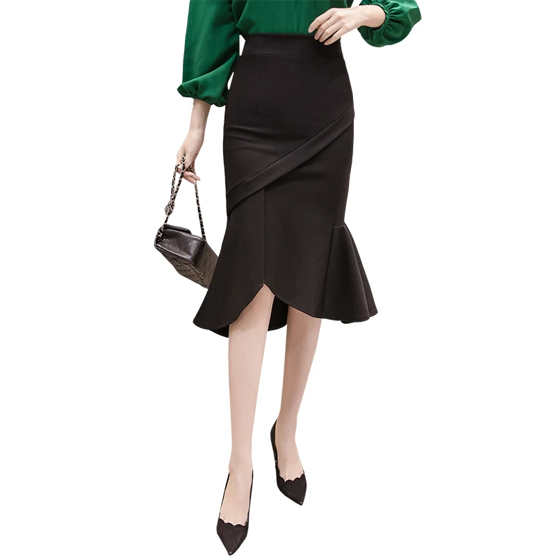 

2018 Elegant Women Skirts High Waist Ruffles Mermaid Solid Bodycon Winter Fashion Office Ladies Irregular Midi Skirts Big Size