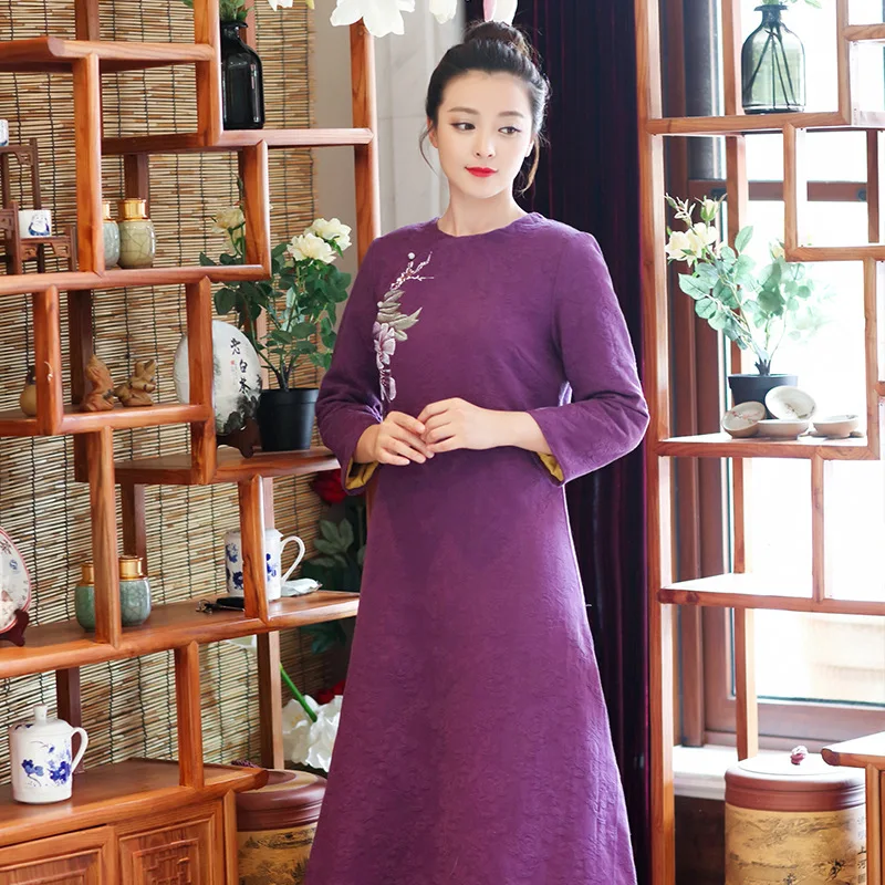 Tradition chinese style round collar only purple hand-decorated flowers winter-autumn women dresses tea cotton clothes | Женская одежда