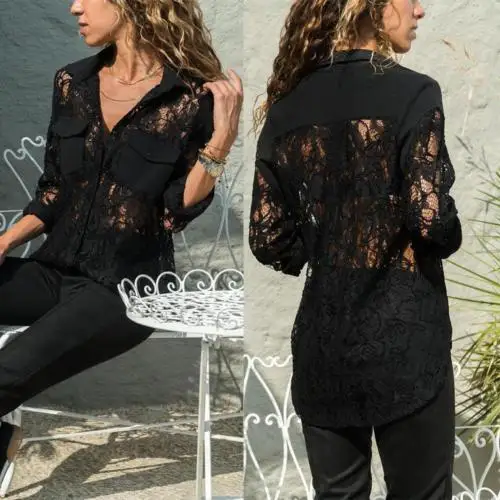 Блузка женская кружевная с длинным рукавом и карманами|Блузки| |