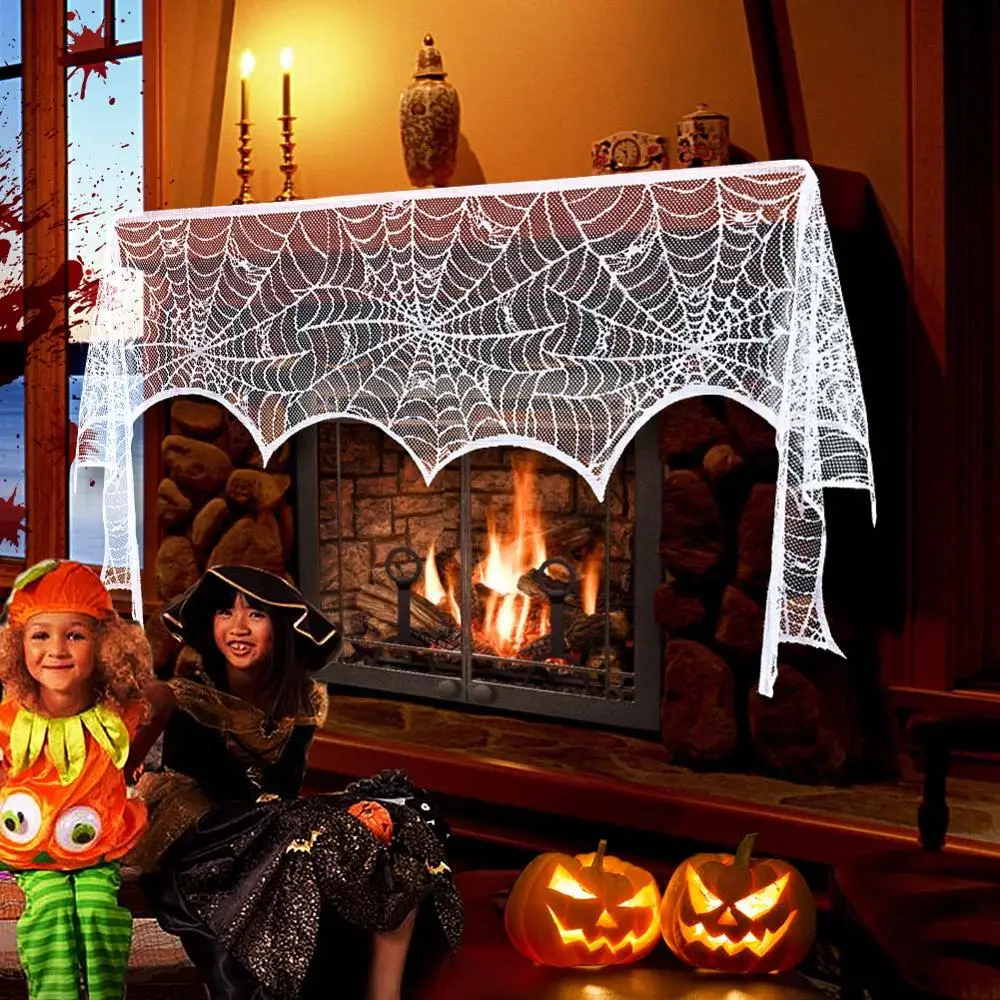 

Ourwarm White Black Halloween Lace Spiderweb Fireplace Mantle Scarf Door Window Hanging Horror Props Halloween Party Decoration