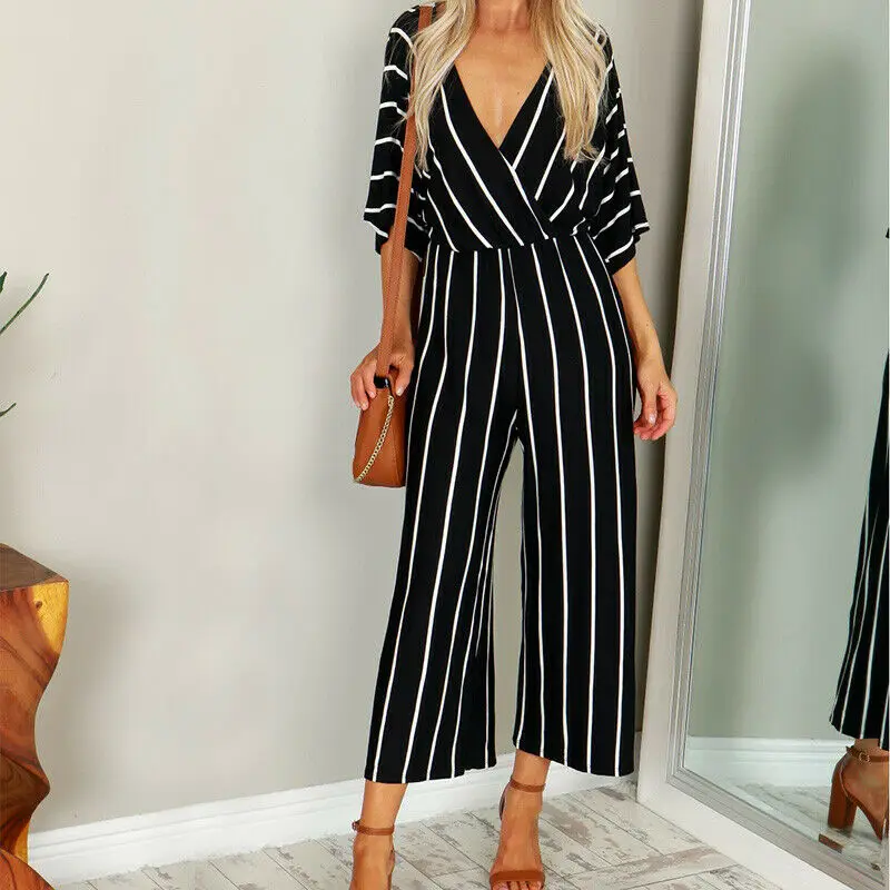 Women Short Sleeve Striped Loose Jumpsuit Baggy Wide Leg Trousers Overalls Summer 2019 Casual V-neck Long Playsuits Romper | Женская