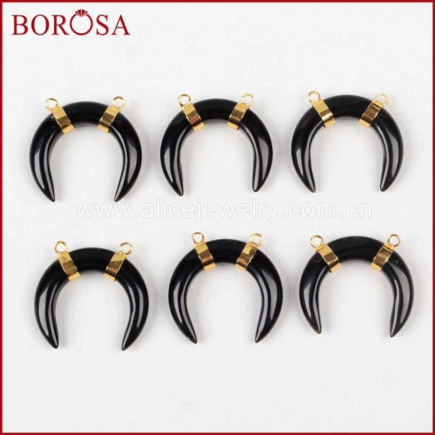 

BOROSA 10 pcs Druzy Tribal OX Horn Black Crystal Druzy Connector Double Bails Gold Color Dursy Jeweley Free Shipping G1117