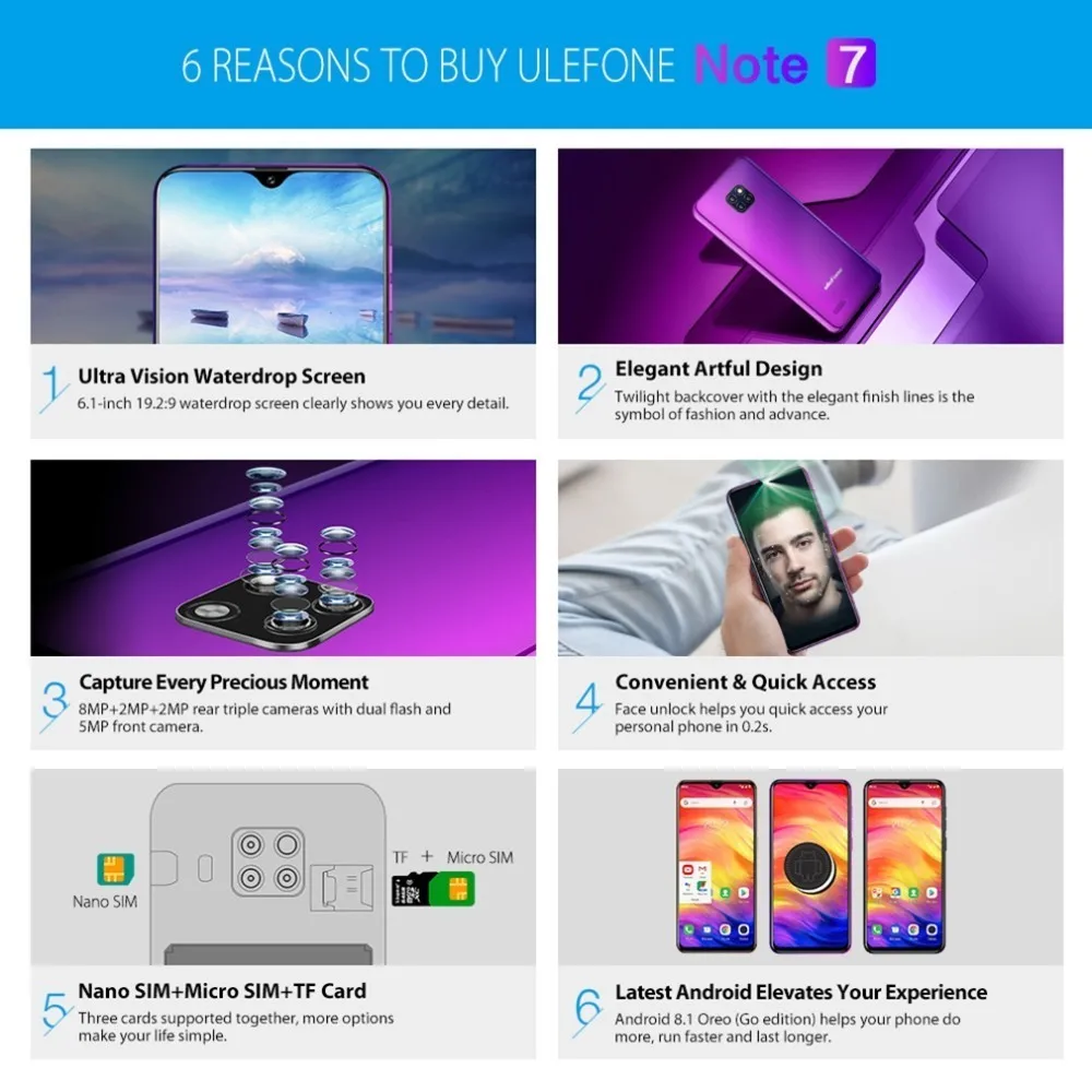 Смартфон Ulefone Note 7, 6,1 дюймов, экран в виде капли воды, 19:9, 1 Гб+ 16 ГБ, четырехъядерный процессор MT6580A, 3500 мАч, мобильный телефон Android GO