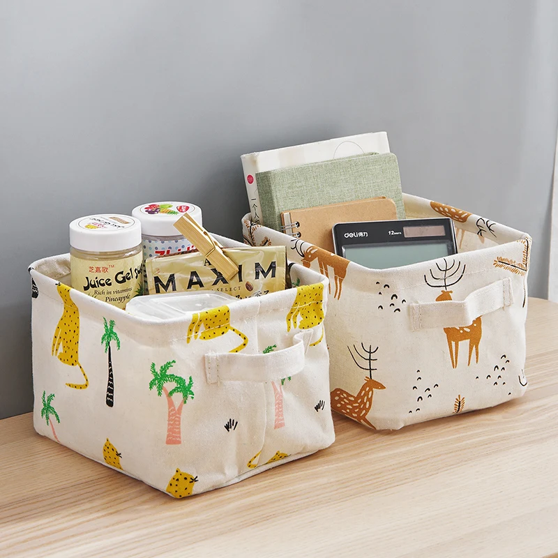 Storage Basket DIY Office Desktop Organize Folding Linen Toy Storage Box Pastoral Floral Animal Jewelry Makeup Organizer Baskets