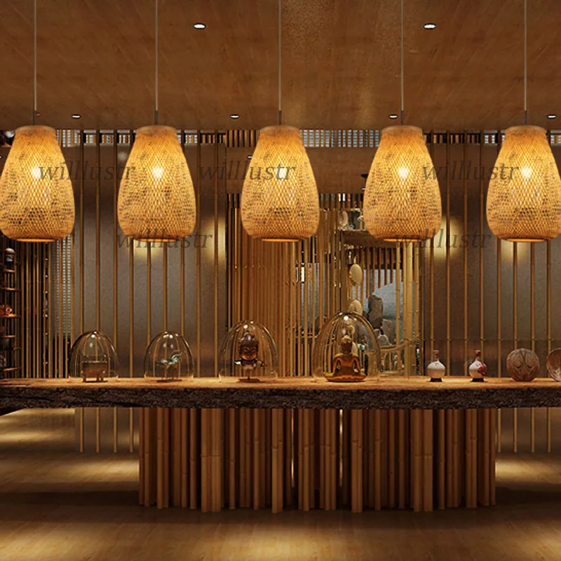 Ручная вязка бамбуковая Подвесная лампа Китайский подвесной светильник Zen для