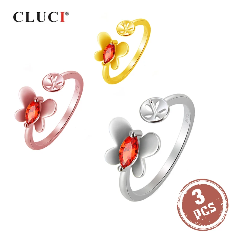 

CLUCI 3pcs Red Zircon Ring Silver 925 Women Adjustable Pearl Ring Mounting 925 Sterling Silver Open Butterfly Rings SR2106SB
