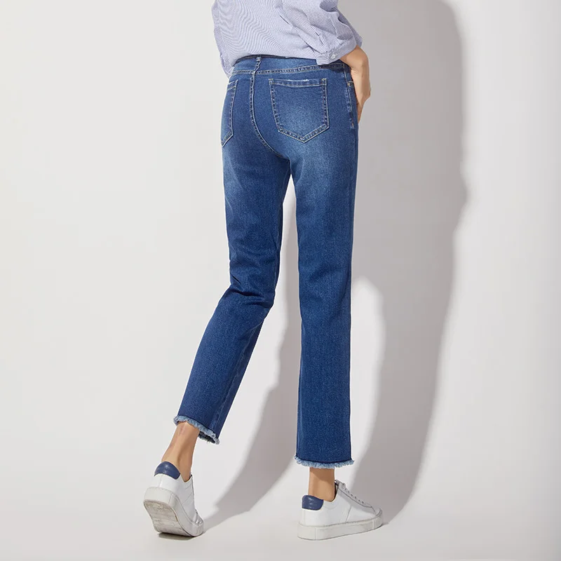 LEIJIJEANS New Autumn Tassel Medium Blue Color High Waist Ankle Length Plus Size L Bleached Slim Straight Jeans Women Denim 7164 | Женская