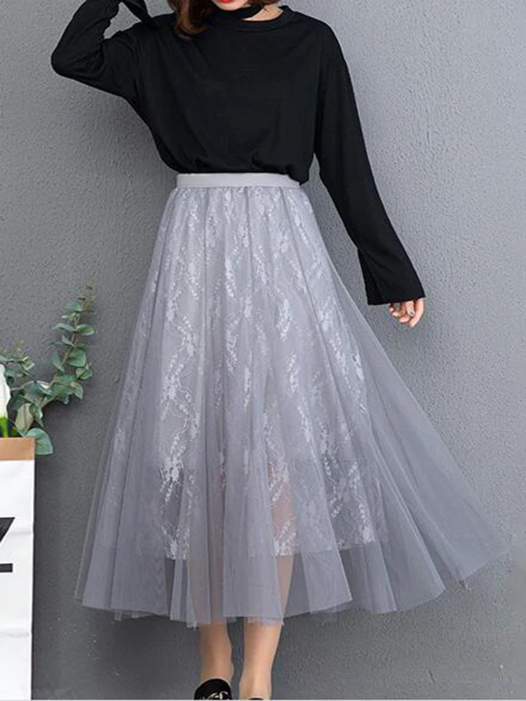 

2020 Summer New Arrival A-Line Pleated Skirt Korean Large Pendulum Lace Stitching Tulle Skirt 5 Colors Available Free Shipping