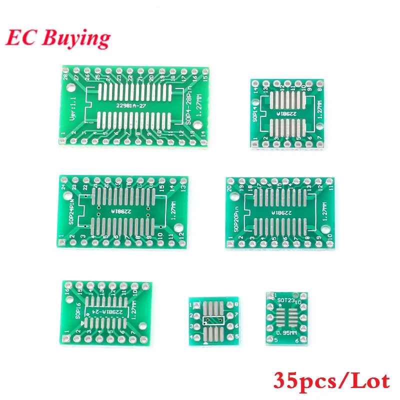 35pcs PCB Board Kit SMD Turn To DIP Adapter Converter Plate SOP MSOP SSOP TSSOP SOT23 8 10 14 16 20 24 28 SMT To DIP