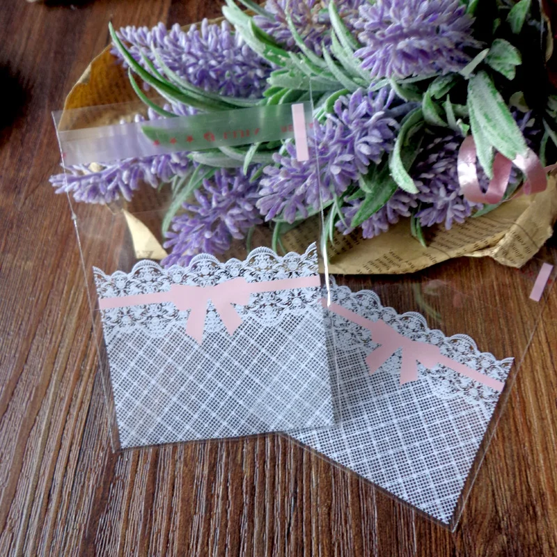 300pcs 7x7+3cm Lace and Bow Transparent Cookies Bags Self-adhesive Cellophane Bag Candy | Дом и сад