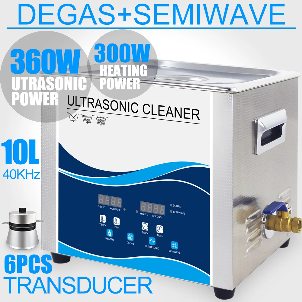 

10L Ultrasonic Cleaner Bath Degas Heater 360W/240W Semi Wave Mode Ultrasound Washer Dental Lab Optical Lens Jade Glassware Tools