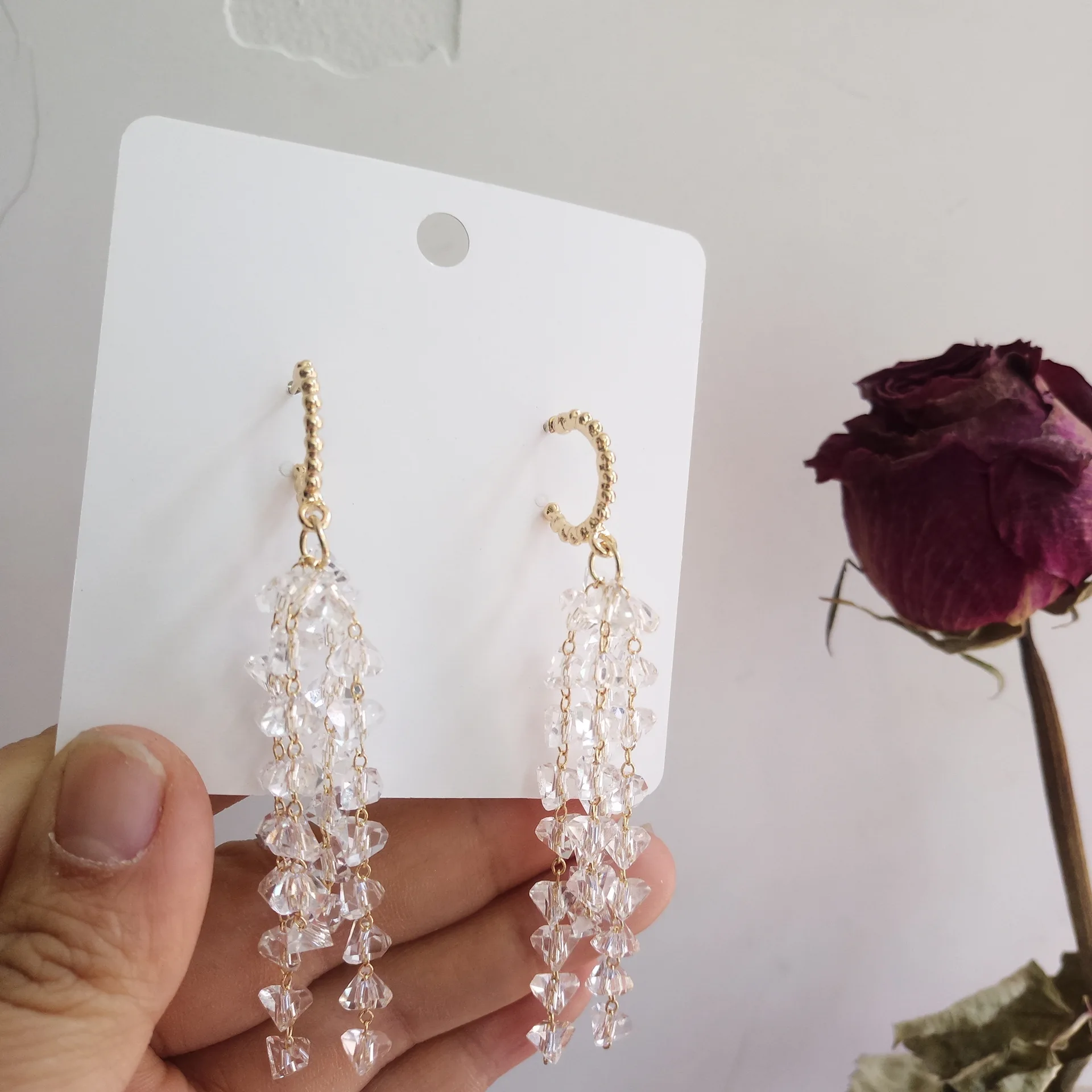 AOMU Personality Fashion Metal Circle Semicircular Irregular Crystal Tassel Loop Hoop Earrings for Women Gifts Wedding Jewelry