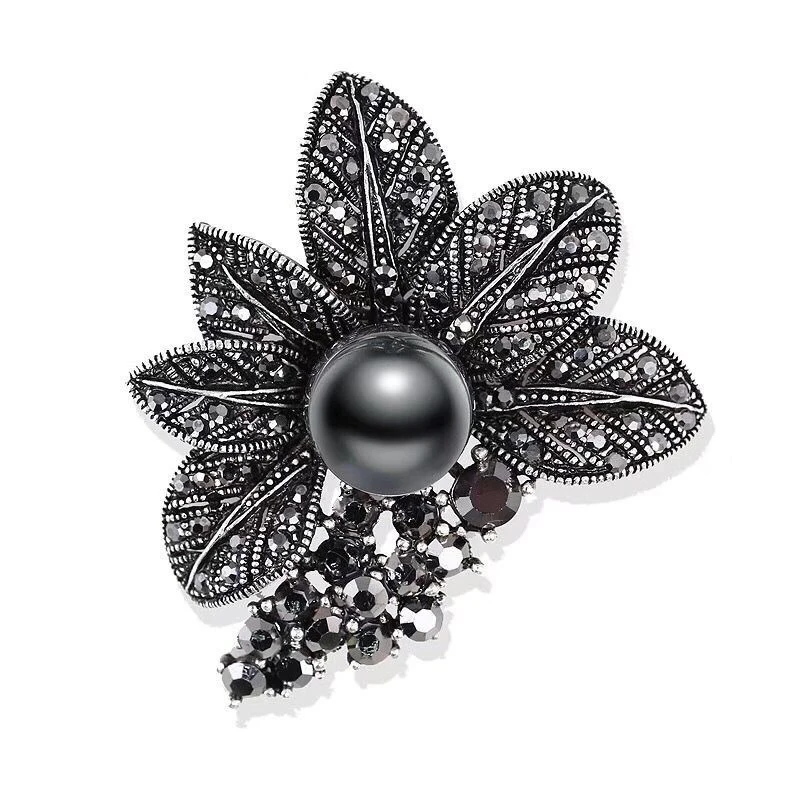 Women Fashion Vintage Rhinestone Black Flower Brooches Antique Brooch Pin Elegant Exquisite Broches New Year Gift | Украшения и