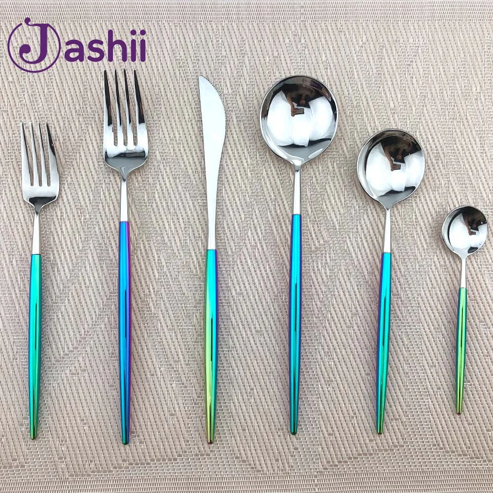 Dazzle Colorful 18/10 Stainless Steel Dinnerware Luxury Korea Food Knife Scoop Fork Set Silver Rainbow Tableware Cutlery set | Дом и сад