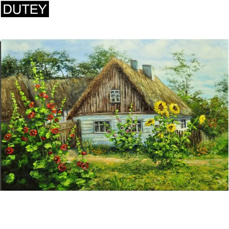 Алмазная 5D картина домик Подсолнуха с полными квадратными/круглыми стразами