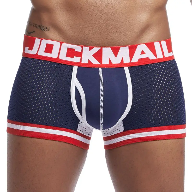 Тёмно-синий JOCKMAIL, фирменное Мужское нижнее белье, боксеры, новые сетчатые трусы-боксеры, шорты, мужские трусы, трусы под брюки, Cueca, хлопковые мужские трусы - Цвет: Тёмно-синий