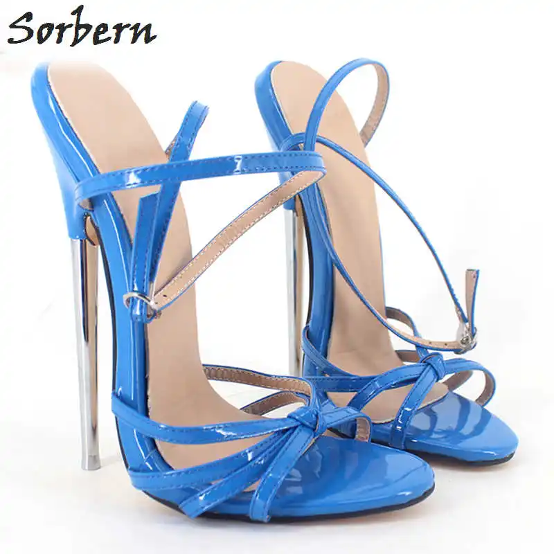Ligh Blue Shiny Sorbern/женские босоножки размера плюс; металлические туфли на высоком каблуке 18 см с пряжкой на ремешке; реальное изображение; женские сандалии унисекс; большие размеры 36-46; цвет на заказ - Цвет: Ligh Blue Shiny