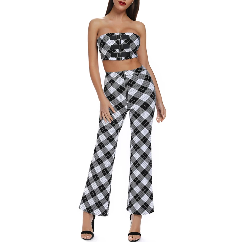 Женский обтягивающий костюм INDRESSME клетчатый пикантный Топ без бретелек рукавов с