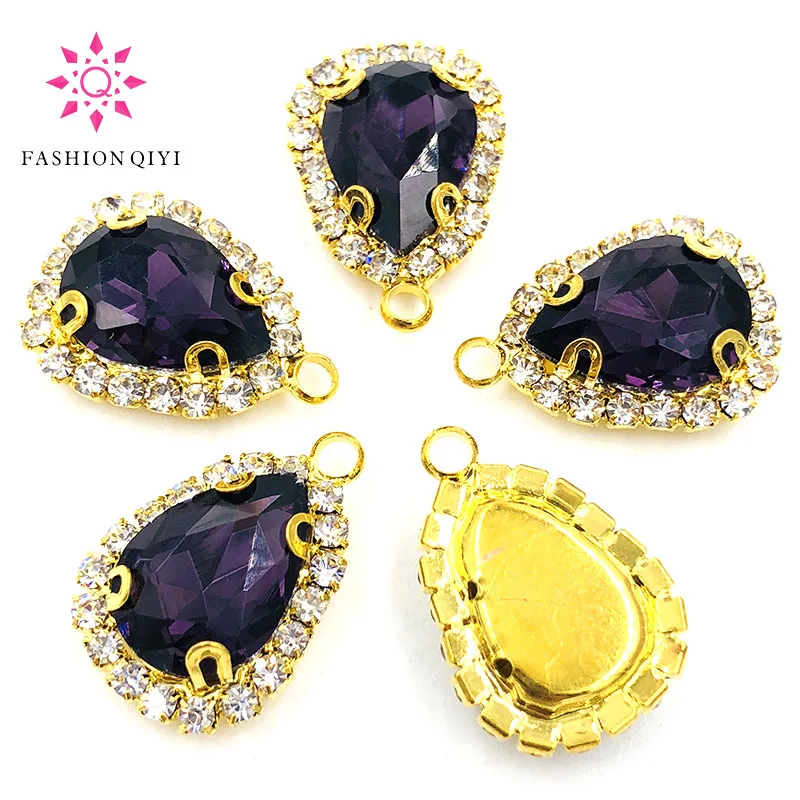 10 шт./упак. 10x14 мм Золотое дно темно-фиолетовое каплевидное одиночное отверстие Хрустальная Кнопка Высокое качество пришить стразы diyClothing