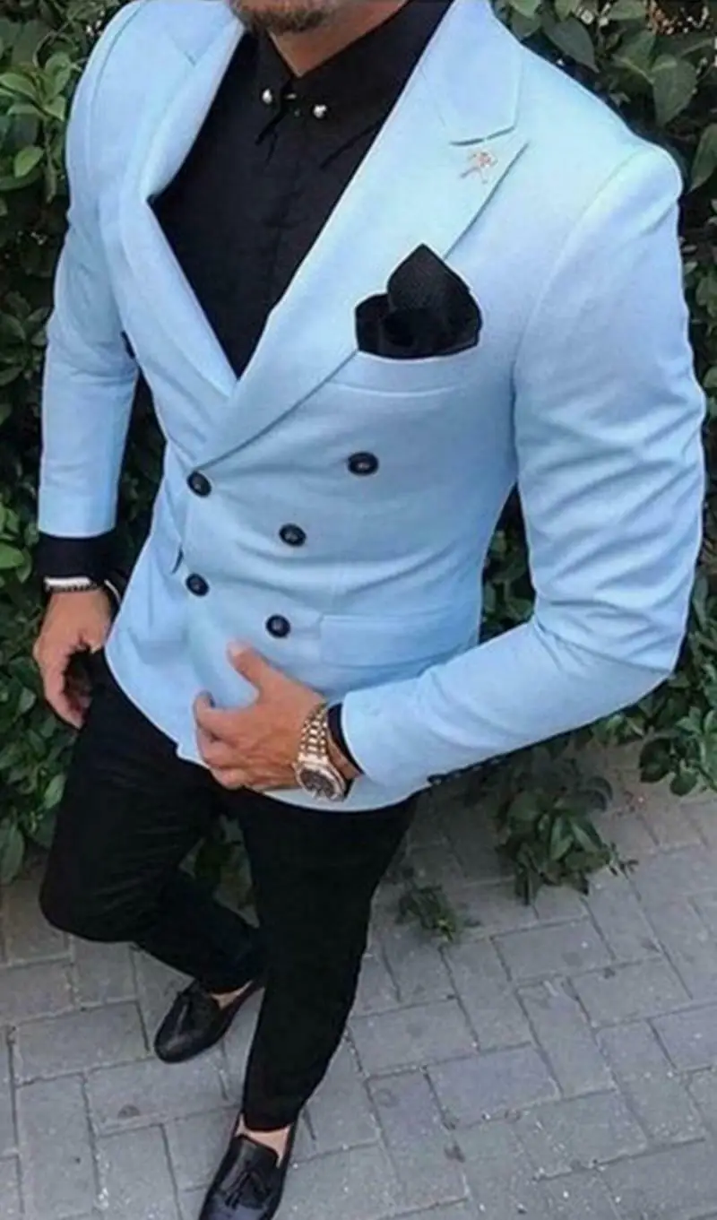 

Double Breasted Men Suits Sky Blue Jacket Beach Wedding Suits Mens Groom Tuxedos