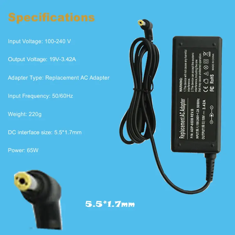 Replacement For Acer 19V 3.42A 5.5*1.7MM 65w 5740 5340 3810T 4315 5738 5338 Laptop AC Charger Power Adapter | Компьютеры и офис