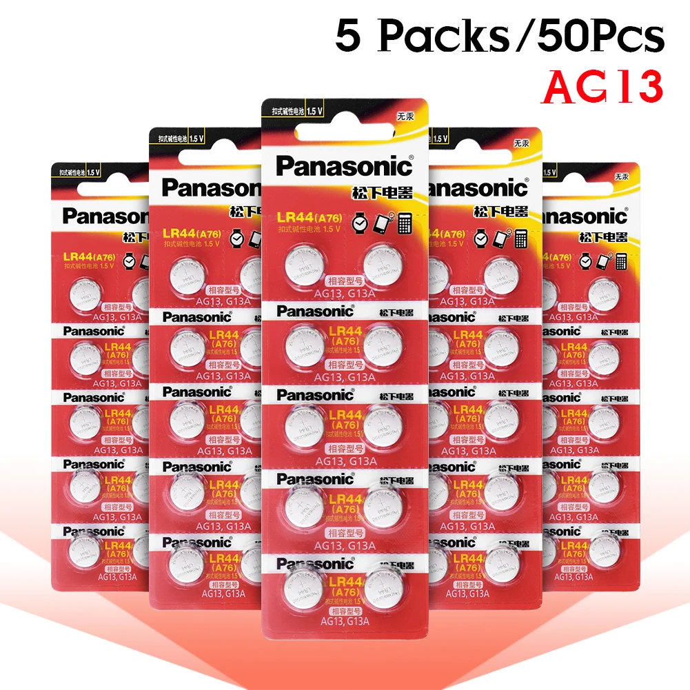 Panasonic 50 шт. 1,5 V A76 AG13 G13A LR44 LR1154 357A SR44 кнопочная ячейка Батарея lr44 литиевая Миниатюрный элемент питания