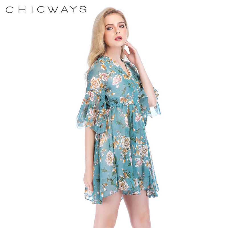 Chicways рюшами Лук цветочным принтом мини платье Для женщин v шеи галстук до летнее