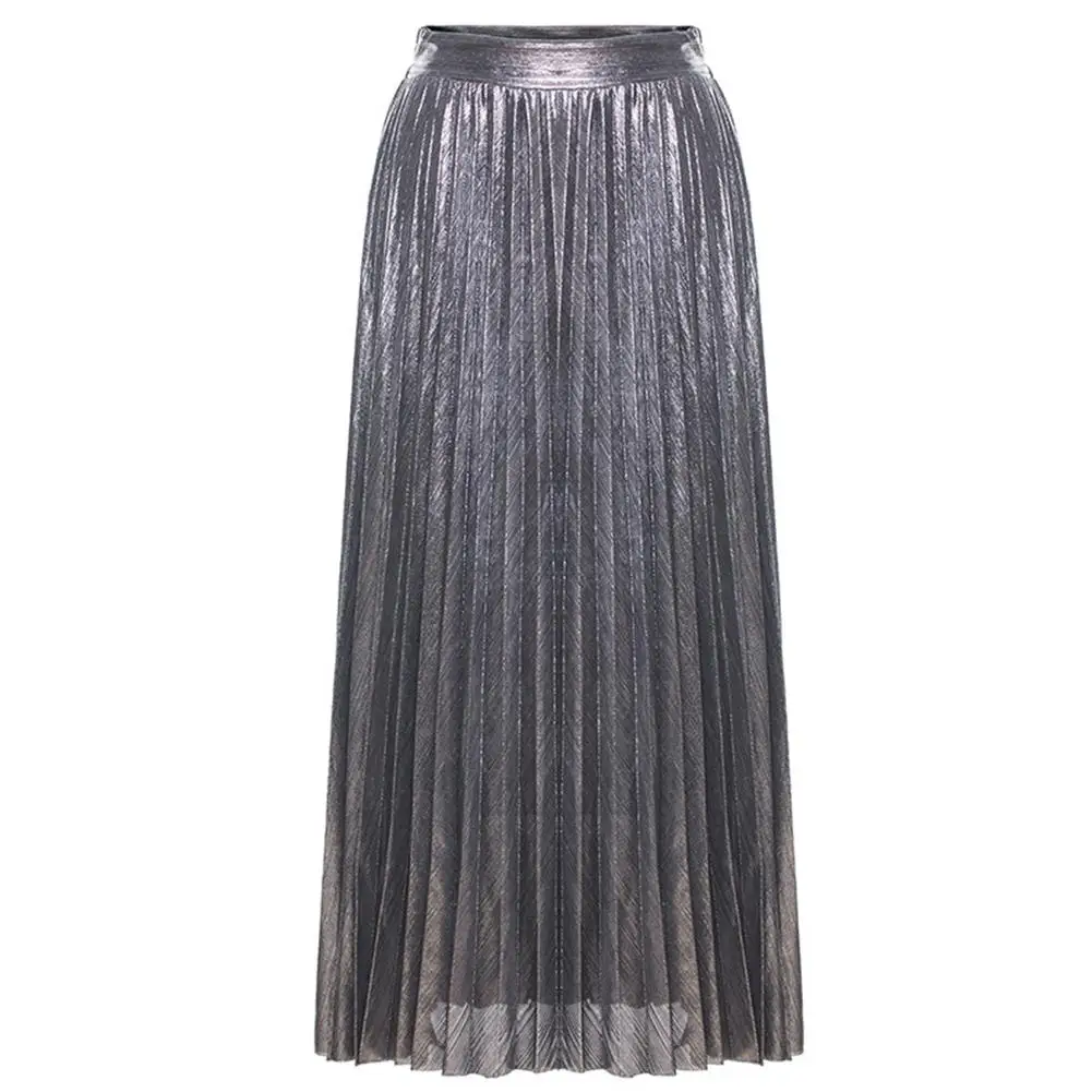 silver Новая Yfashion Женская модная бронзовая длинная Плиссированная повседневная юбка с высокой талией - Цвет: silver