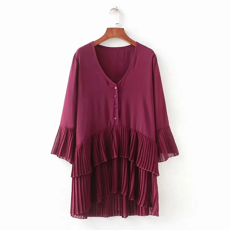 Женская винтажная Длинная блузка плиссированная с длинным рукавом на осень и