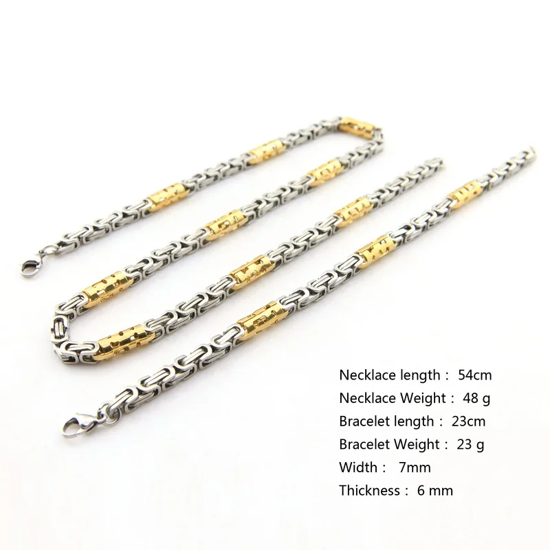 

jewelry fashion necklace Silver & Gold Stainless Steel Byzantine Bracelet chain necklaces set of Hip Hop jewelry gift
