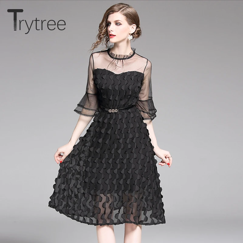 Trytree летнее однотонное платье, ажурное Сетчатое лоскутное платье, волнистое женское платье, пояс с расклешенными рукавами, длина до колен, ТРАПЕЦИЕВИДНОЕ уличное платье