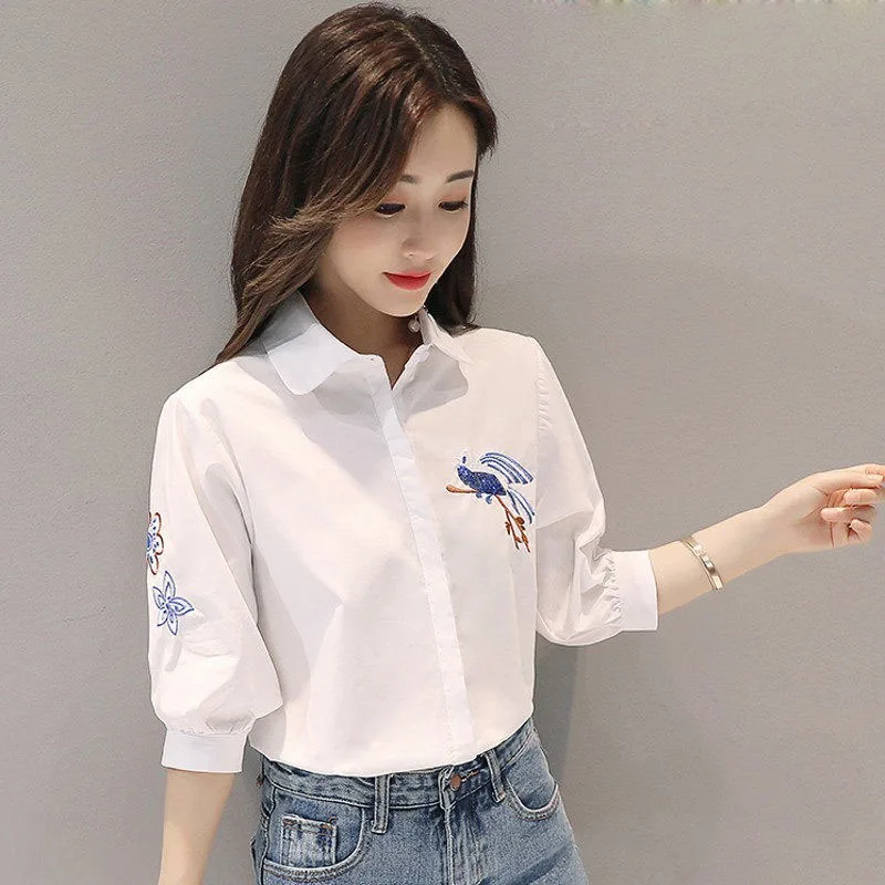 Женская белая рубашка с вышивкой животного Летняя женская одежда свободные