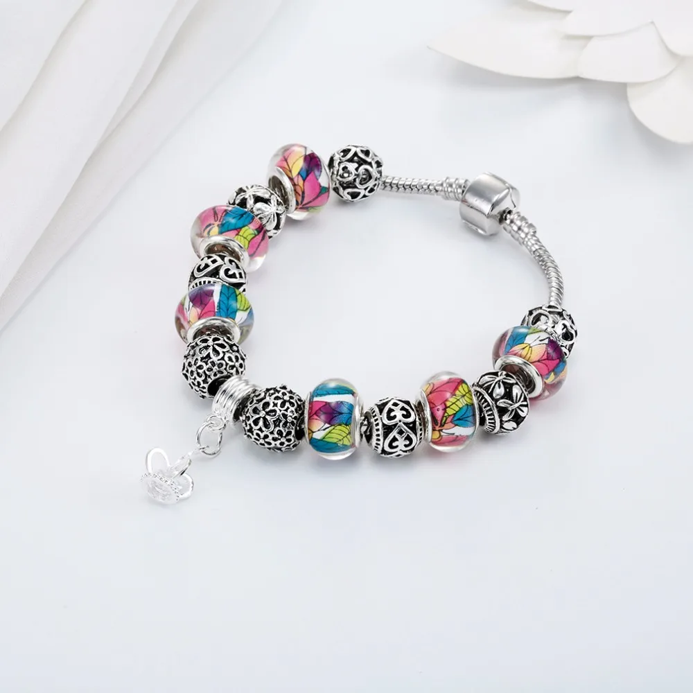 Kinitial Fashion Heart Butterfly Bead Charm Bracelet Colorful Beads Fit Women Bracelets &amp Bangles Cuff Jewelry | Украшения и