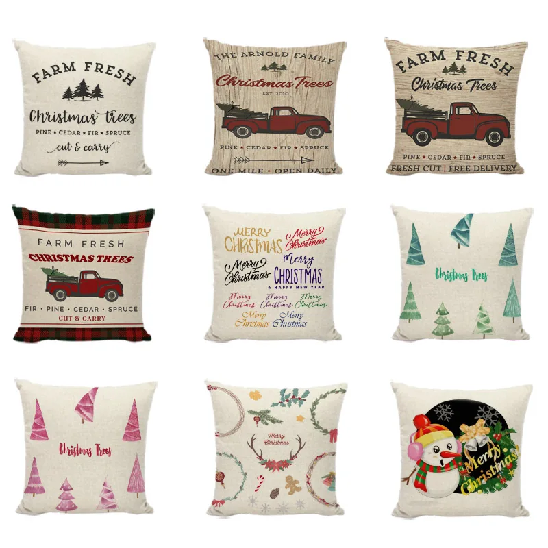 

Christmas Snowman Cushion Cover Linen Christmas Tree Snowflake Bell Print Kids Room Bedside New Year Gift Decoration Pillowcase